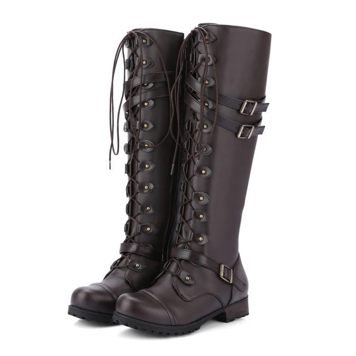 Damen Kniehohe Schnürstiefel mit verstellbaren Zierschnallen und robuster Profilsohle Drune