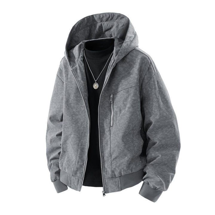 Herren Kapuzenblouson im Vintage-Suede-Look mit durchgehendem Reißverschluss und Rippenbündchen Drune