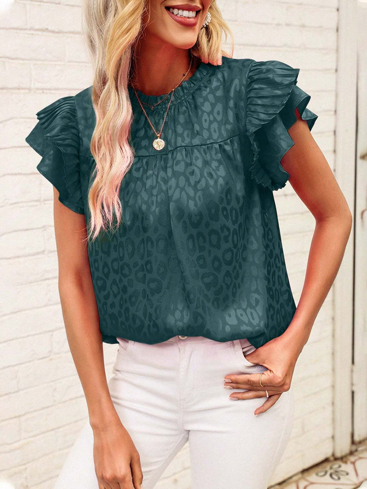Damen Satinbluse mit Jacquard-Leoprint und gestuften Plissee-Volantärmeln Drune