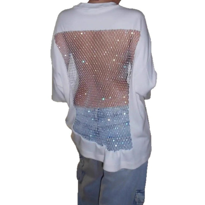 Damen nan Oversize-T-Shirt mit transparentem Netzrücken, Strassbesatz und Jeans-Print Drune