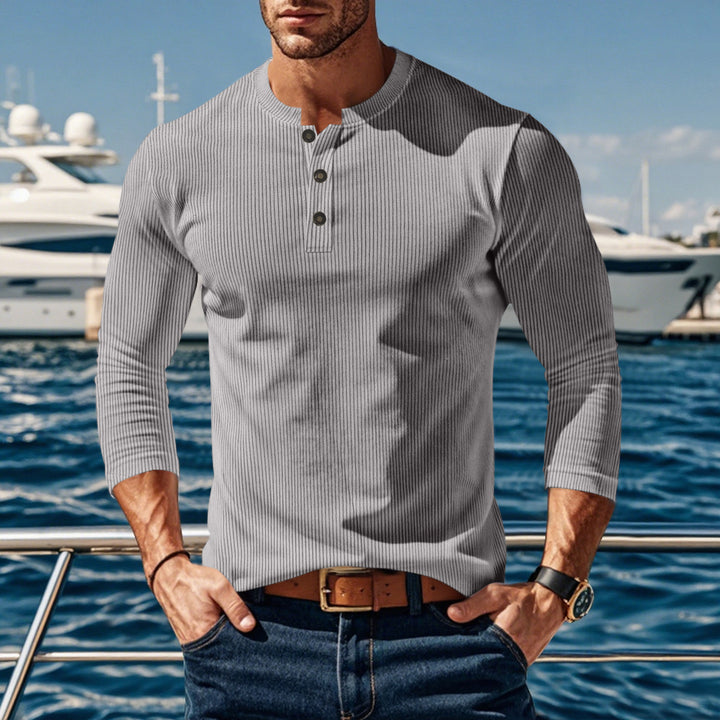 Herren Langarmshirt mit modischer Stehkragen und Knopfleiste Drune