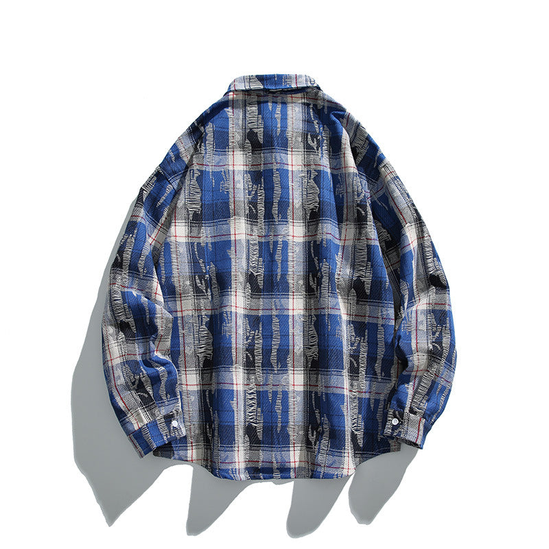 Unisex Oversize-kariertes Flanellhemd mit Destroyed-Details und Brusttasche Drune