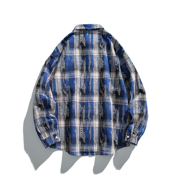 Unisex Oversize-kariertes Flanellhemd mit Destroyed-Details und Brusttasche Drune