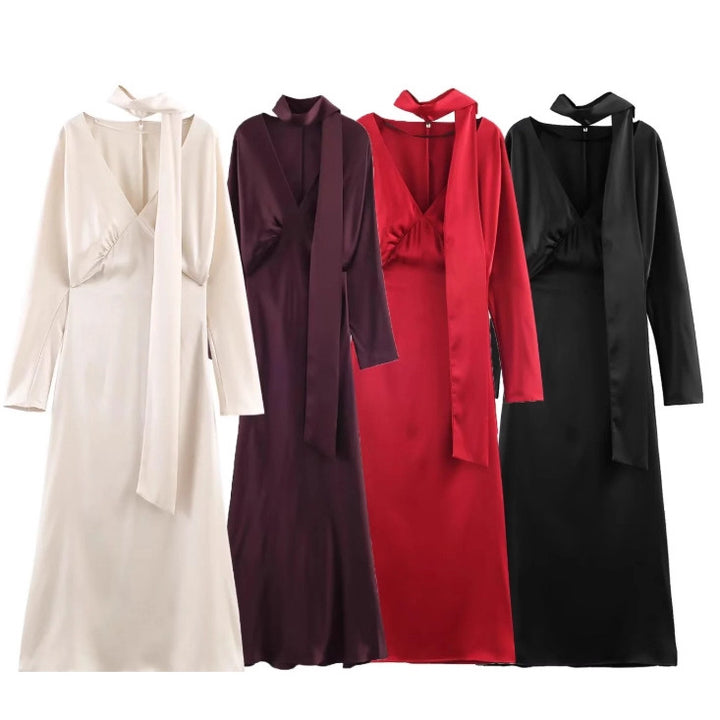 Damen 10+ langes Satin‑Maxikleid mit V‑Ausschnitt, taillierter Silhouette und Halstuch Drune