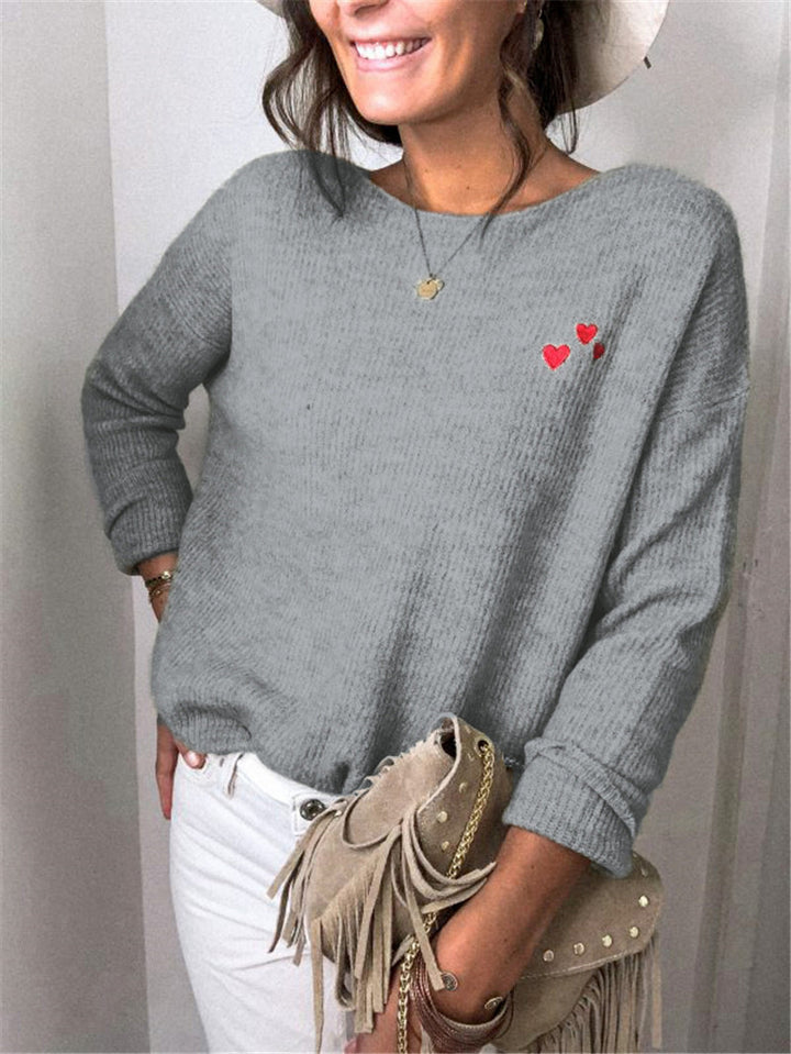Damen Oversize Strickpullover mit Herz-Stickerei und weitem Boot-Ausschnitt Drune