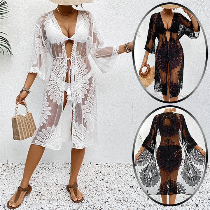 Damen transparente Häkel-Strandüberwurfjacke mit eleganten Motiven Drune
