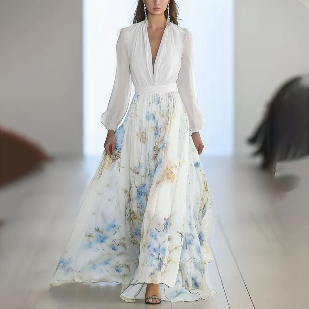 Damen Elegantes Maxikleid mit v-ausschnitt und fließendem Rock Drune