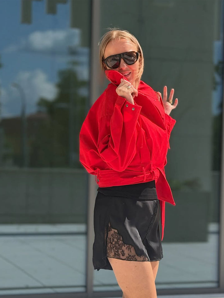 Damen Oversize Kurzjacke mit Taillengürtel und Hemdkragen Drune