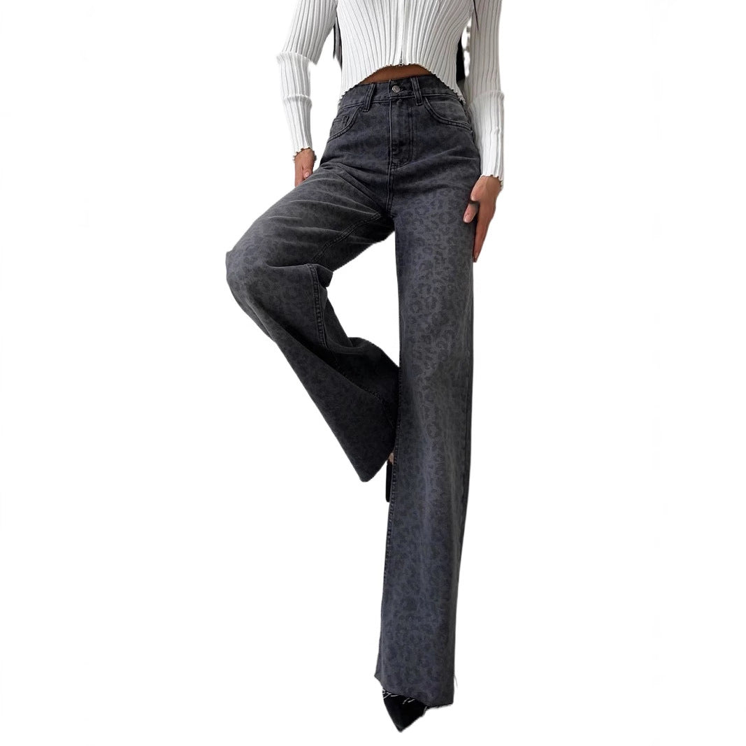 Damen Highwaist Schlagjeans mit dezenter Leo-Print, weitem Bein und rohem Saum Drune