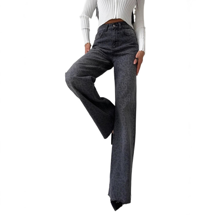 Damen Highwaist Schlagjeans mit dezenter Leo-Print, weitem Bein und rohem Saum Drune