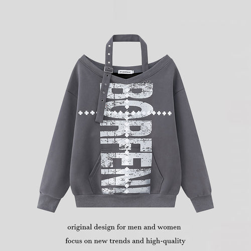 Damen Baumwoll-Mix Pullover mit abnehmbarem Nackenriemen, Kängurutasche und distressed Logoprint Drune