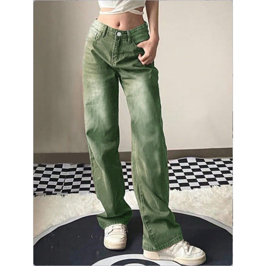 Damen High-Waist Relaxed-Straight-Denimhose mit weitem Bein Drune