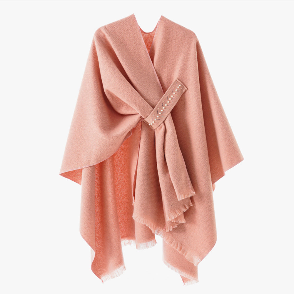 Damen Eleganter Wickel-Umhang aus Wollmischung mit Taillenschärpe und Fransensaum Drune