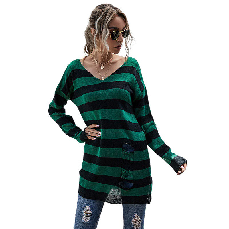 Damen Off-Shoulder Strickpullover mit Streifen Drune