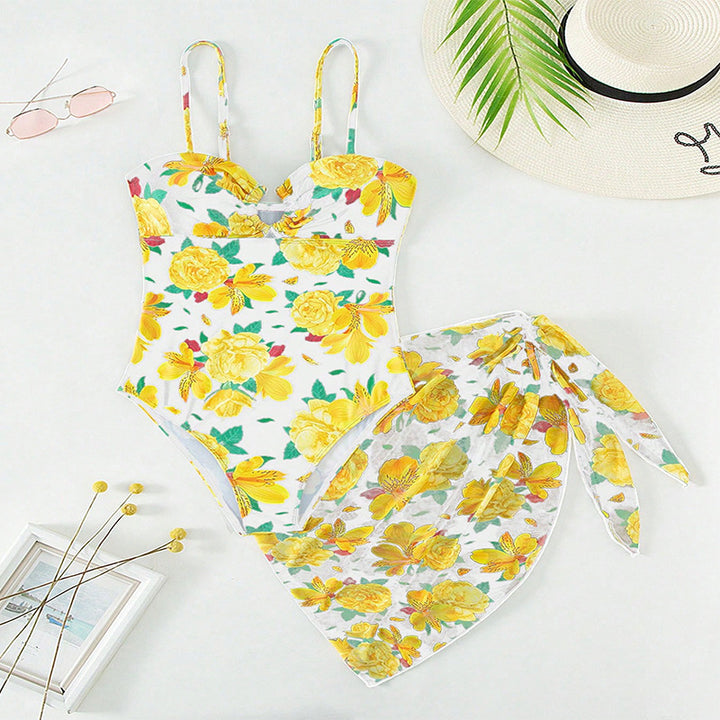 Damen Einteiler Badeanzug mit floralem Design und kombinierbarem Überrock Drune