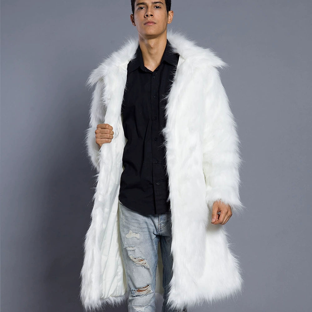 Herren Luxus Kunstfellmantel mit breitem Kragen Drune