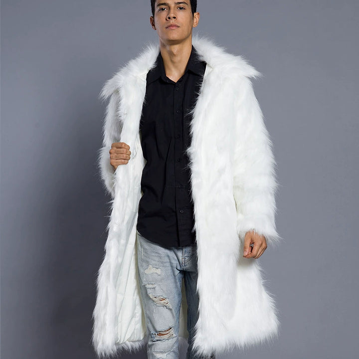 Herren Luxus Kunstfellmantel mit breitem Kragen Drune