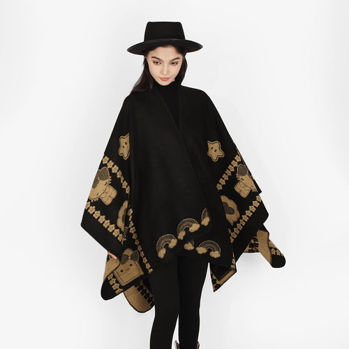 Damen Oversize-Poncho mit Jacquard‑Tiermotiv und asymmetrischem Zipfelsaum Drune