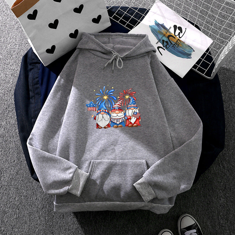 Damen nan Kapuzenpullover mit patriotischem Gartenzwerg-Print, angerautem Fleece-Innenfutter, Oversize-Schnitt und Kängurutasche Drune