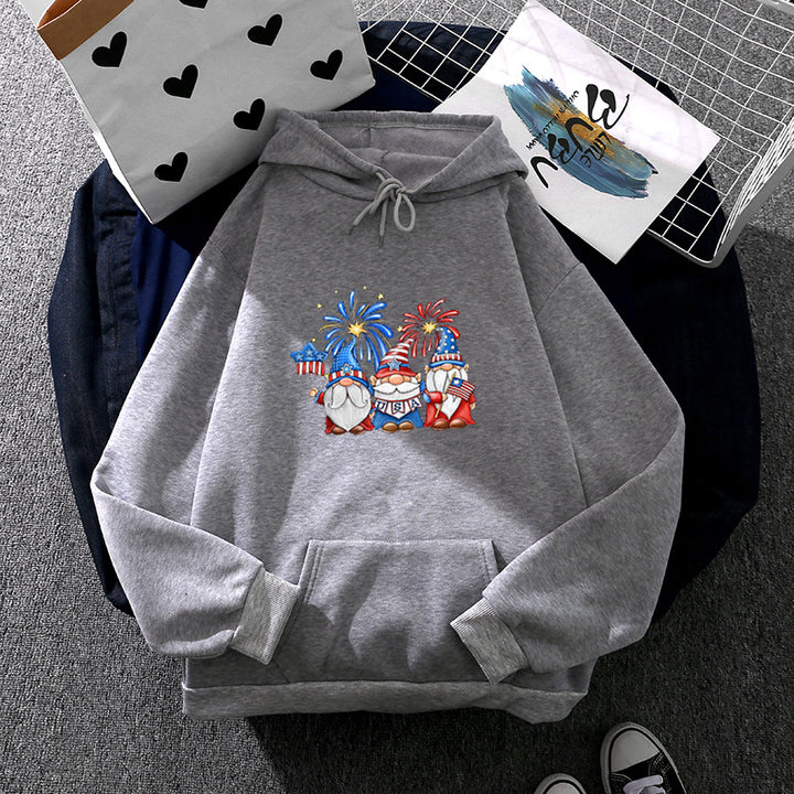 Damen nan Kapuzenpullover mit patriotischem Gartenzwerg-Print, angerautem Fleece-Innenfutter, Oversize-Schnitt und Kängurutasche Drune