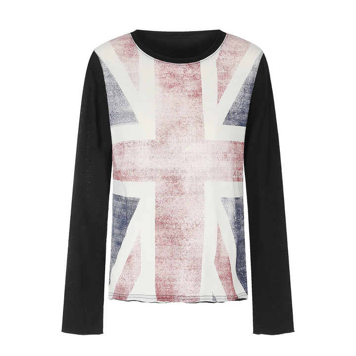 Damen Rundhals-Longsleeve aus Baumwollmix mit Vintage-Union-Jack-Print und Kontrastärmeln Drune
