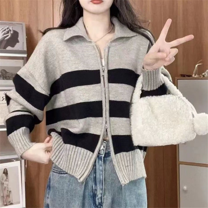 Damen lässige Cardiganjacke mit Reißverschluss und breiten Streifen Drune