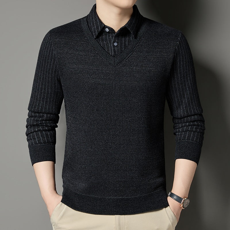 Herren Feinstrick-Pullover mit V-Ausschnitt und integriertem Polokragen Drune