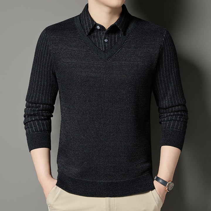Herren Feinstrick-Pullover mit V-Ausschnitt und integriertem Polokragen Drune