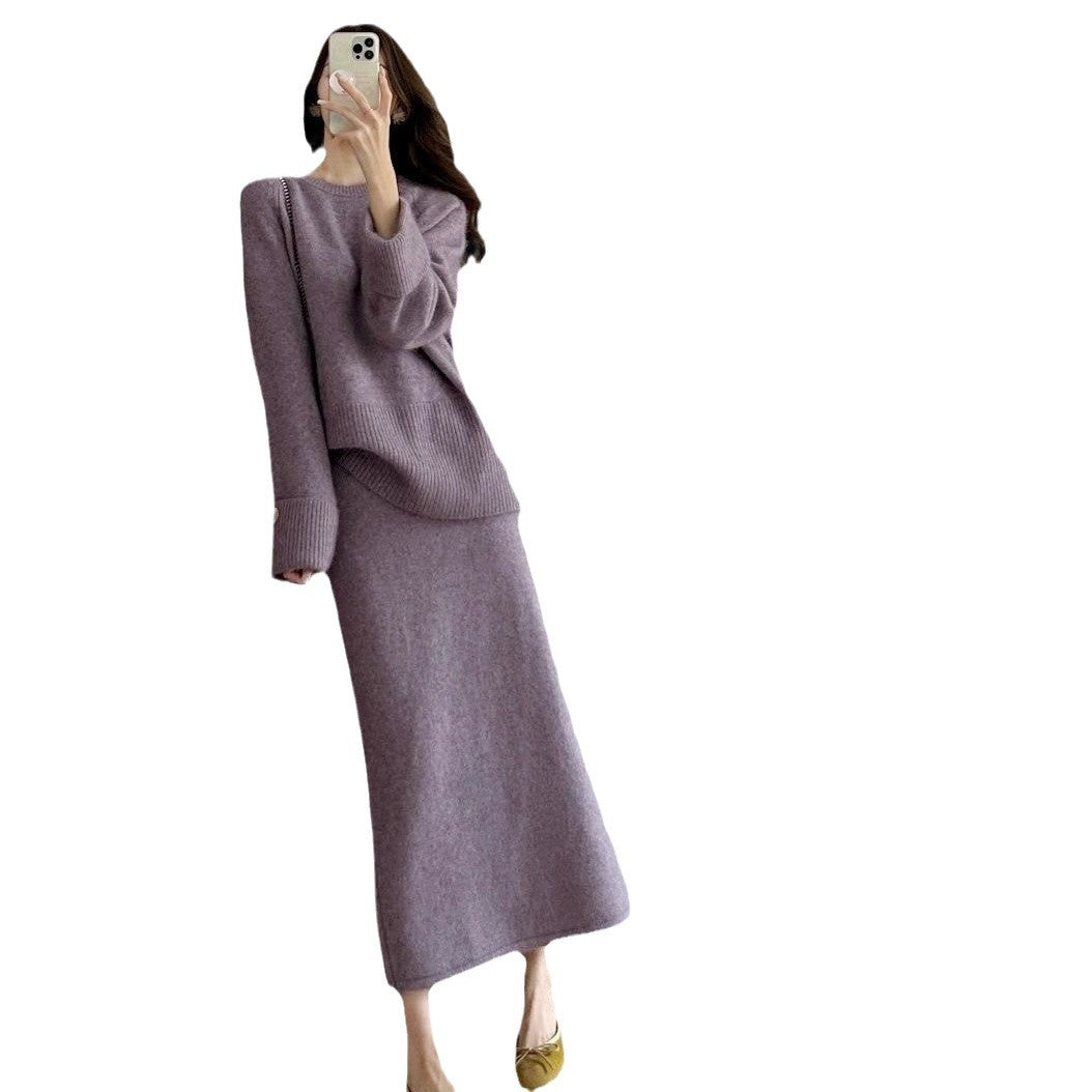 Damen gemütliches Strickensemble mit Pullover und Maxi-Rock Drune