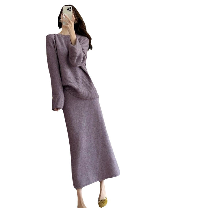 Damen gemütliches Strickensemble mit Pullover und Maxi-Rock Drune