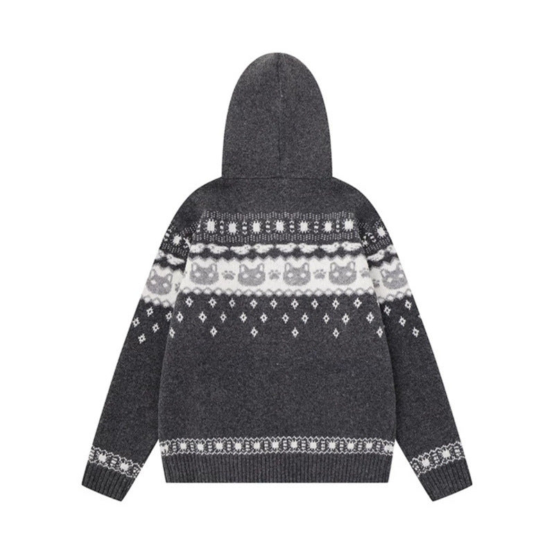 Damen Kapuzen-Strickjacke mit Norwegermuster, zweifachem Reißverschluss und Kängurutaschen Drune