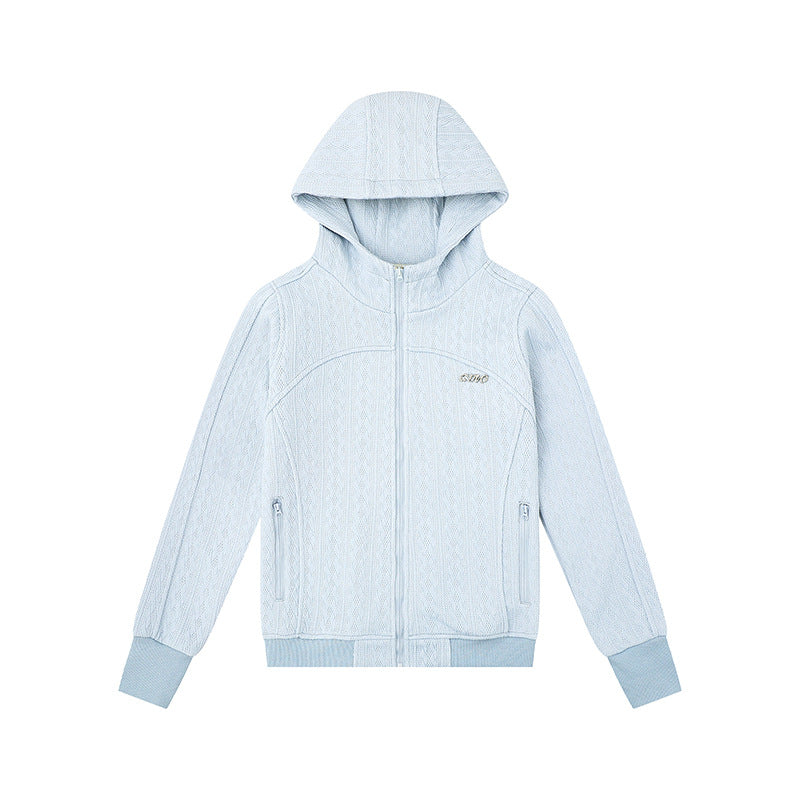 Damen Kapuzen-Strickjacke mit Zopfmuster, durchgehendem Reißverschluss und Eingrifftaschen Drune