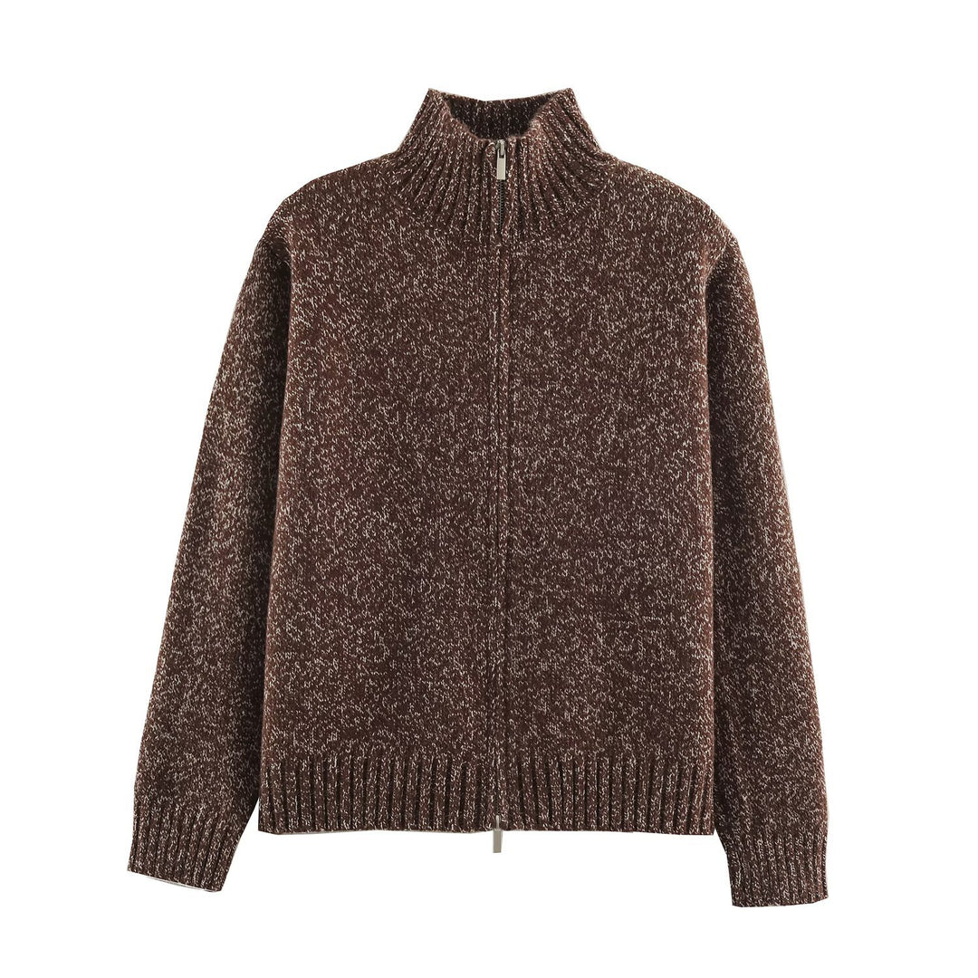 Damen Grobgestrickter Reißverschluss-Pullover mit Stehkragen und geripptem Saum Drune