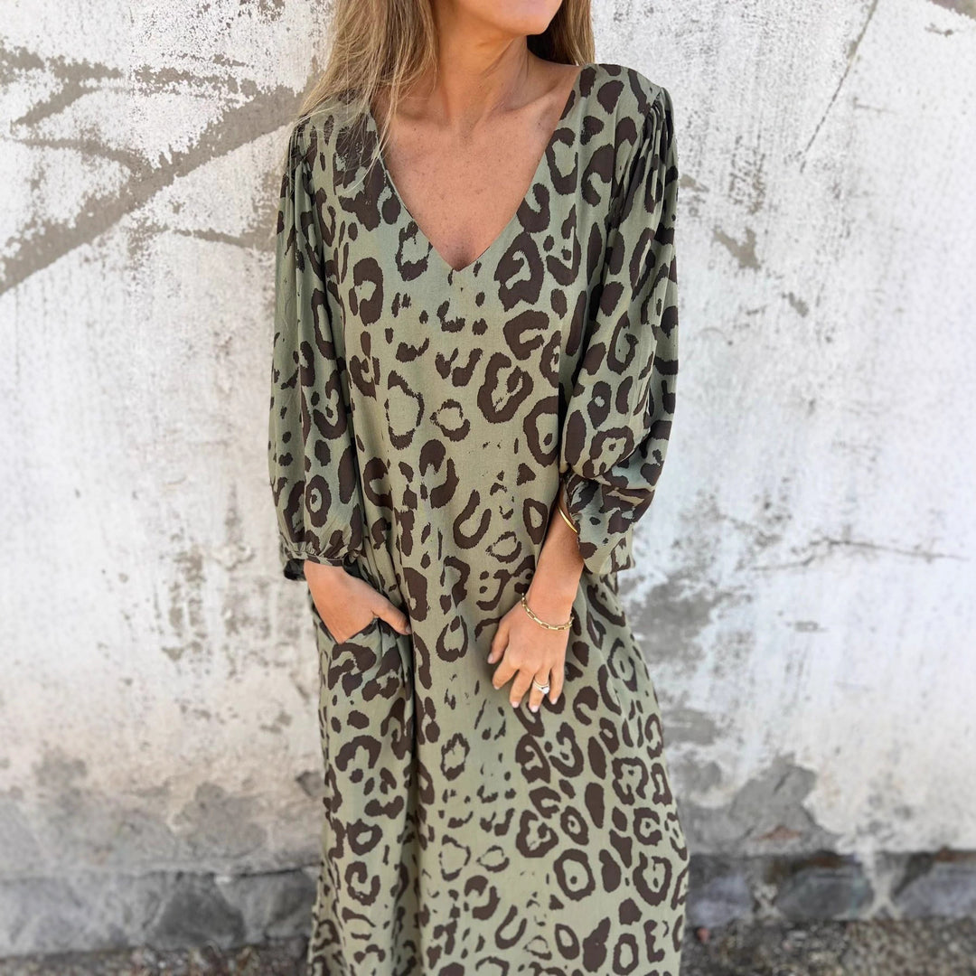 Damen V-Ausschnitt Maxikleid mit Seitentaschen und lockerer Passform Drune