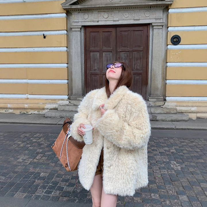 Damen Oversized Kunstfell‑Mantel mit Teddy‑Optik, Stehkragen und Eingrifftaschen Drune