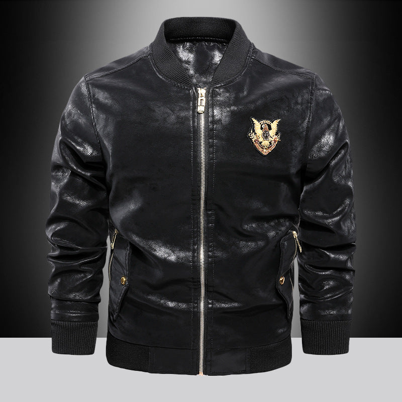Herren Lederoptik Bomberjacke mit Stickbadge, Rippbündchen und Gold-Details Drune