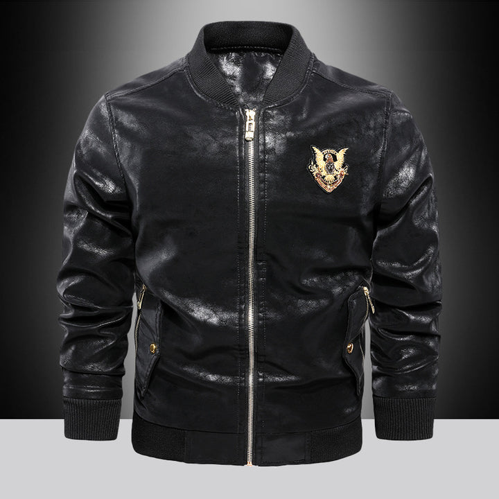 Herren Lederoptik Bomberjacke mit Stickbadge, Rippbündchen und Gold-Details Drune
