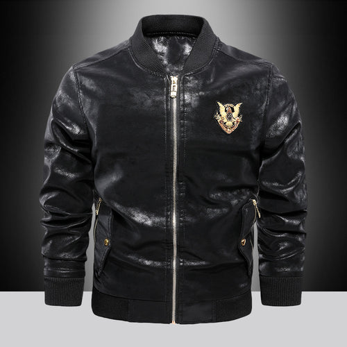 Herren Lederoptik Bomberjacke mit Stickbadge, Rippbündchen und Gold-Details Drune