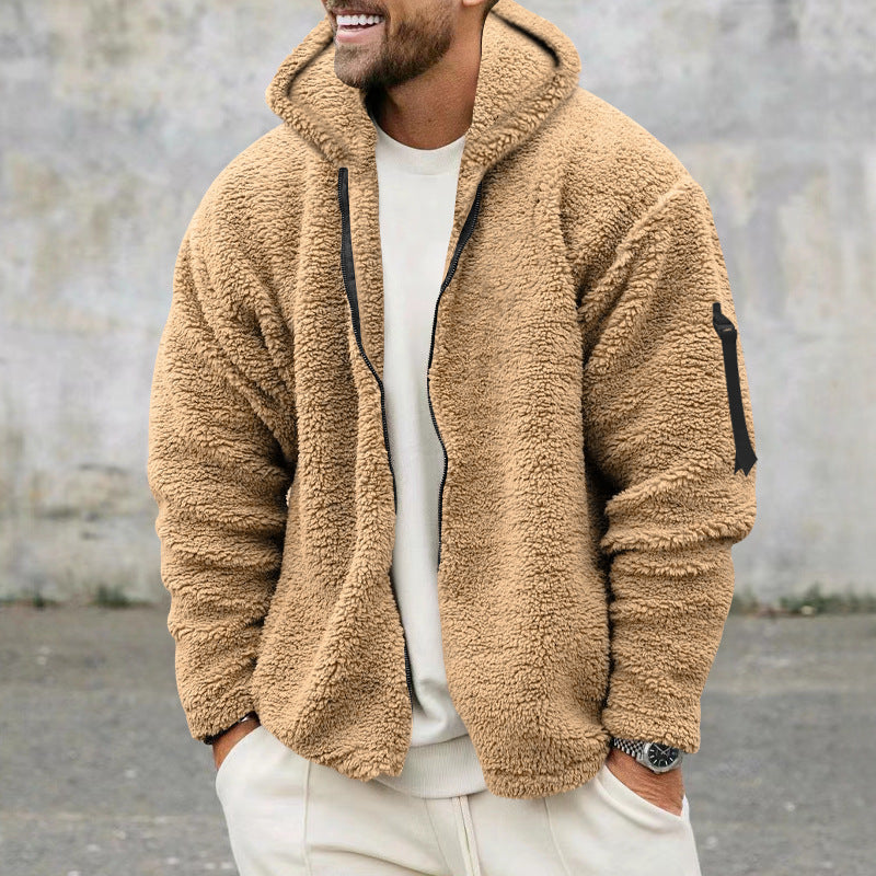Herren nan Sherpa-Fleece Kapuzenjacke mit durchgehendem Reißverschluss und Ärmel-Tasche Drune