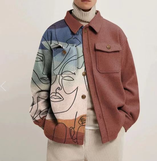 Damen Oversized Wolloptik-Überhemd mit asymmetrischem Vogelprint und Pattentasche Drune