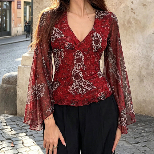Damen Chiffonbluse mit tiefem V-Ausschnitt, ausgestellten Glockenärmeln und Paisley-Print Drune