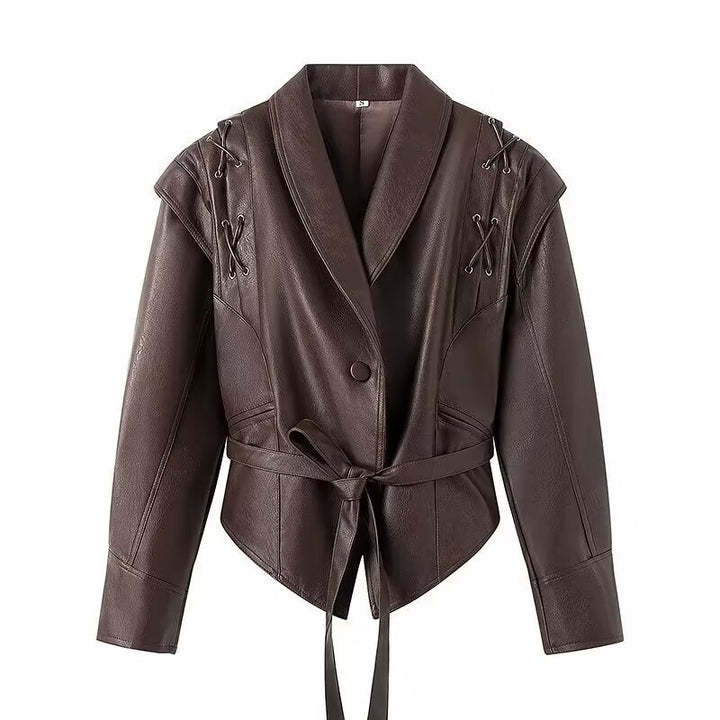 Damen cropped Kunstlederjacke mit wasserdichtem Finish und asymmetrischem Kragen Drune
