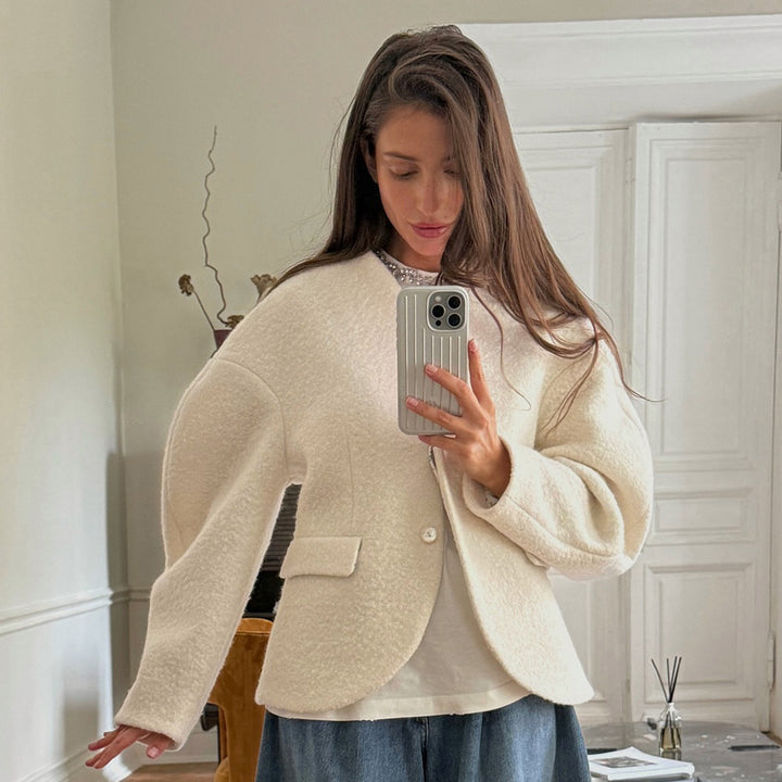 Damen Trendige Boucle-Jacke mit überschnittenen Schultern und Knopfverschluss Drune