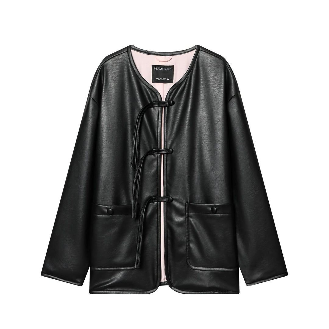 Damen nan Oversized Kunstlederjacke mit Knebelverschlüssen und aufgesetzten Pattentaschen Drune