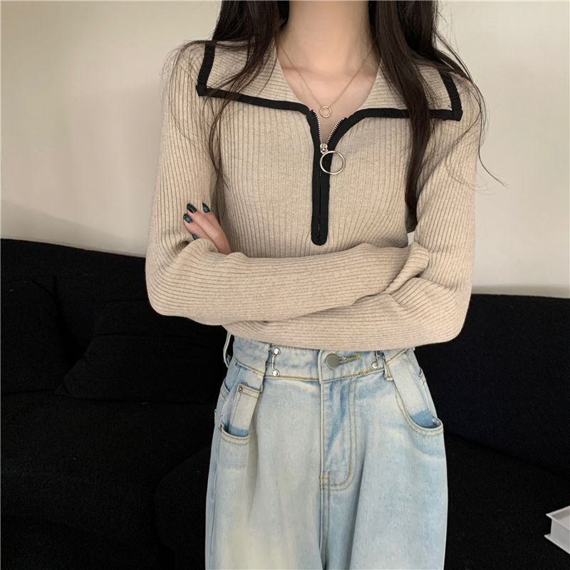 Damen modischer Zip-Pullover mit Rippstruktur Drune
