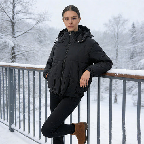 Damen Wattierte Steppjacke mit Volumenkapuze, elastischem Saum und verstellbarer Taille Drune