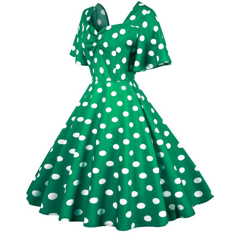 Damen Rockabilly Kleid mit verspieltem Polka-Dots-Muster und schwingendem Saum Drune