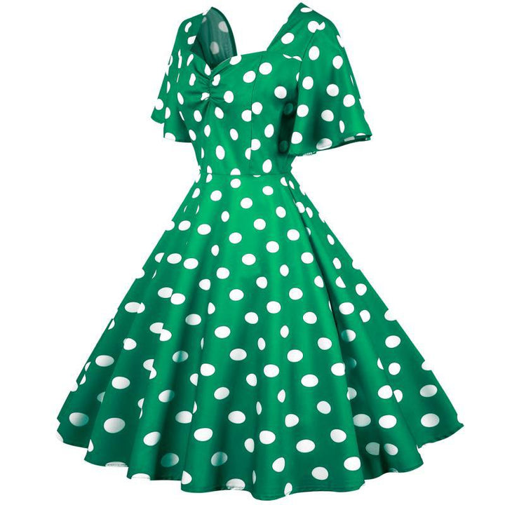 Damen Rockabilly Kleid mit verspieltem Polka-Dots-Muster und schwingendem Saum Drune