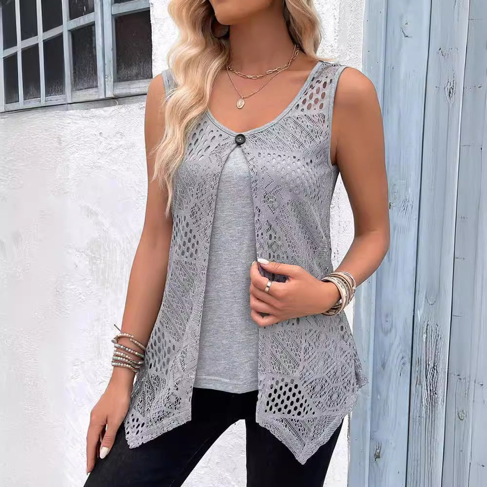 Damen Ärmelloses Spitzen-Tunika-Shirt mit modischem Knopfverschluss Drune