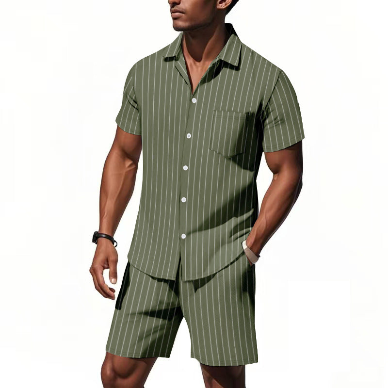 Herren Kurzarm-Pyjama-Set mit dezentem Streifenmuster und praktischer Brusttasche Drune
